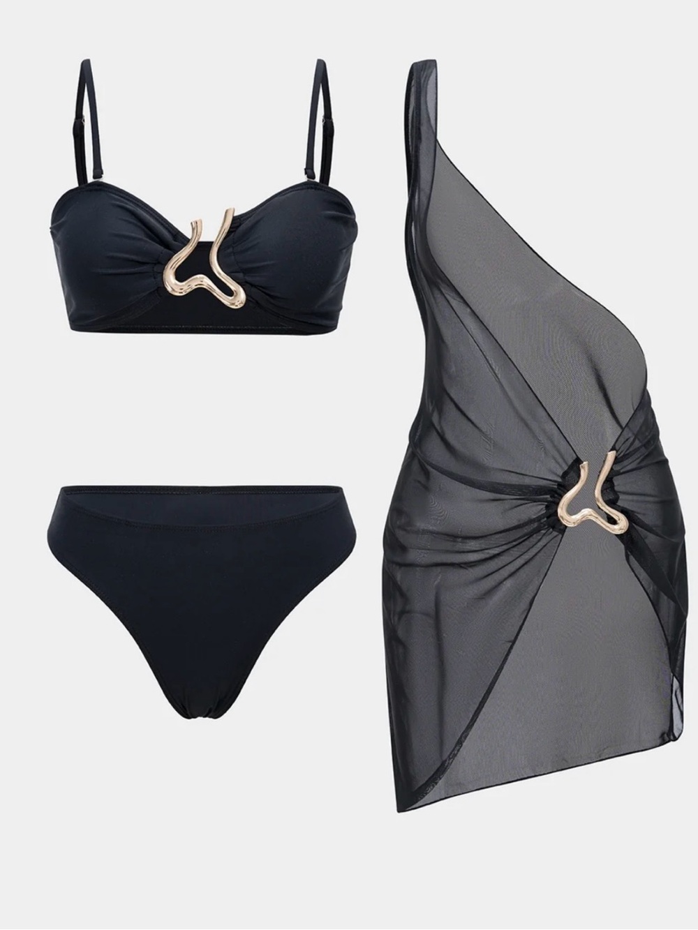 Mica's Women’s Black 3-Piece Swim Set with Gold Accent With Coverup Small NWT